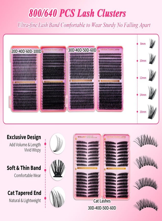 RITALASH Lash Clusters Kit Eyelash Clusters Kit Cat Eye Lashes Large Pack Cluster Eyelash Extensions Lash Extension Kit Pestañas Postizas Naturales with Lash Bond&Seal,Remover,Tweezers,Cleanser(Lash Kit-5) - Image 2